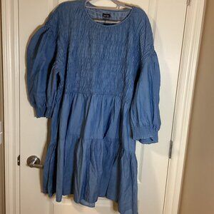 Boohoo Women's Denim Midi Dress Smocking Bodice Puffy Sleeves Ruffles Size 24